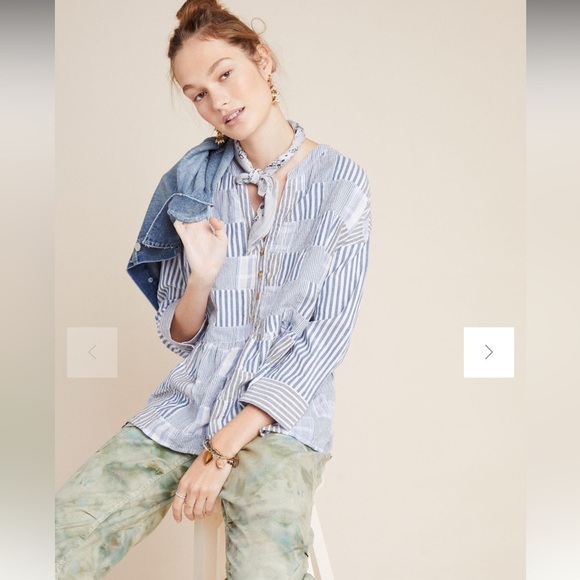 Maeve Anthropologie Size XL Zoe Swing Top Striped Patchwork Oversized Blue White - Picture 10 of 16